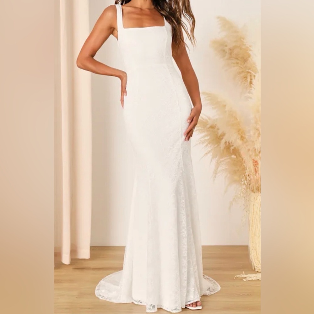Lulus Eternal Happiness White Lace Square Neck Mermaid Maxi Dress